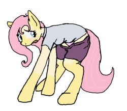 Size: 613x534 | Tagged: safe, artist:kaykay430, fluttershy, pegasus, anthro, g4, blushing, clothes, embarrassed, female, human to pony, light skin, looking back, mid-transformation, open mouth, panties, pink underwear, solo, transformation, underwear