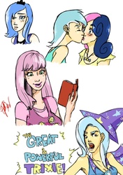 Size: 600x853 | Tagged: safe, artist:jentiful, bon bon, cheerilee, lyra heartstrings, princess luna, sweetie drops, trixie, human, g4, female, humanized, kissing, lesbian, ship:lyrabon, shipping