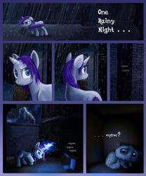 Size: 800x960 | Tagged: safe, artist:voodoo-tiki, opalescence, rarity, cat, g4, 2011, alley, box, city, comic, description in comments, kitten, night, rain, sad, storm, younger