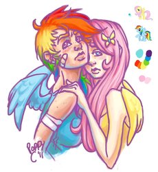 Size: 900x977 | Tagged: safe, artist:captain-poppy, fluttershy, rainbow dash, human, g4, female, humanized, lesbian, ship:flutterdash, shipping, winged humanization