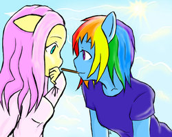 Size: 900x720 | Tagged: safe, artist:geekyartcreator, fluttershy, rainbow dash, anthro, g4, ambiguous facial structure, female, lesbian, pocky, pocky game, ship:flutterdash, shipping