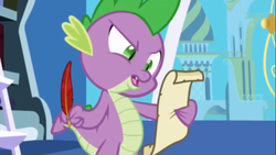 Size: 500x281 | Tagged: safe, screencap, spike, dragon, friendship is magic, g4, season 1, letter, male, open mouth, paper, quill, solo, twilight's canterlot home, wingless spike