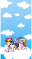 Size: 829x1500 | Tagged: safe, artist:dawnrie, rainbow dash, human, g4, all fours, blushing, clothes, cloud, cloudy, converse, eared humanization, female, frown, humanized, kneeling, midriff, shoes, shorts, solo, sulking, tailed humanization, winged humanization