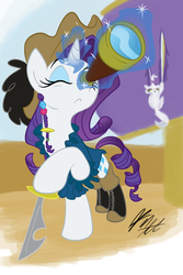 Size: 800x1200 | Tagged: safe, artist:rannva, opalescence, rarity, g4, boots, clothes, dress, hat, jewelry, levitation, magic, pirate, pirate hat, shoes, sword, telekinesis, telescope