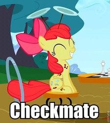 Size: 450x500 | Tagged: safe, edit, edited screencap, screencap, apple bloom, earth pony, pony, g4, the cutie pox, checkmate, chess, cropped, cutie pox, eyes closed, fake cutie mark, female, filly, grin, image macro, loop-de-hoop, meme, multiple cutie marks, plate spinning, smiling, solo, win
