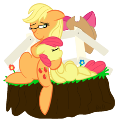 Size: 658x677 | Tagged: safe, artist:kev-darkhood, apple bloom, applejack, g4, sleeping