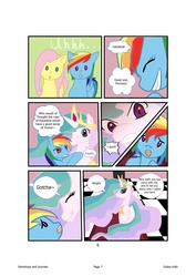 Size: 1240x1754 | Tagged: safe, artist:gokai-chibi, fluttershy, princess celestia, rainbow dash, alicorn, pegasus, pony, comic:raindrops and bunnies, g4, :o, blank stare, comic, open mouth, trio, trollestia