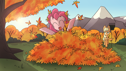 Size: 1920x1080 | Tagged: safe, artist:undead-niklos, applejack, pinkie pie, earth pony, pony, g4, applejack is not amused, autumn, duo, leaves, rake, unamused