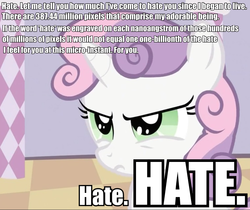 Size: 759x638 | Tagged: safe, edit, edited screencap, screencap, sweetie belle, pony, robot, robot pony, unicorn, g4, sisterhooves social, allied mastercomputer, female, filly, foal, hate, horn, i have no mouth and i must scream, image macro, solo, sweetie bot, text