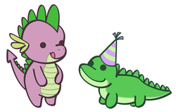 Size: 551x351 | Tagged: safe, artist:tinrobo, gummy, spike, g4, cute, gummybetes, hat, party hat, spikabetes