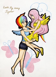 Size: 2158x2935 | Tagged: safe, artist:arilostimostia, fluttershy, rainbow dash, human, g4, barefoot, clothes, dress, feet, female, high res, humanized, lesbian, ship:flutterdash, shipping, winged humanization