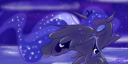 Size: 1366x686 | Tagged: safe, artist:cosmic-rust, princess luna, pony, g4, eyes closed, female, solo, unsafe flying