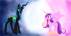 Size: 1366x686 | Tagged: safe, artist:cosmic-rust, princess cadance, queen chrysalis, alicorn, changeling, changeling queen, pony, g4, female, transparent wings, wings