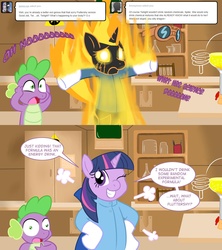 Size: 1280x1440 | Tagged: safe, artist:zanezandell, spike, twilight sparkle, pony, unicorn, ask evil genius twilight, g4, bipedal, comic, duo, evil genius twilight, grin, on fire, one eye closed, smiling, tumblr, wink