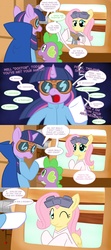 Size: 1280x2880 | Tagged: safe, artist:zanezandell, fluttershy, spike, twilight sparkle, pegasus, pony, unicorn, ask evil genius twilight, g4, comic, crossover, dr adorable, evil genius twilight, one eye closed, trio, tumblr, tumblr crossover, wink