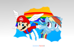 Size: 2500x1700 | Tagged: safe, artist:rainbowmario11, rainbow dash, human, g4, crossover, flying, holding hands, holding hooves, human on pony hoof holding, male, maridash, mario, nintendo, power-up, rainbow, super mario 64, super mario bros., wing cap, wing mario