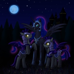 Size: 1650x1650 | Tagged: safe, artist:raugos, echo (g4), nightmare moon, nocturn, bat pony, pony, g4, echo and nocturn, night, night guard, rearing