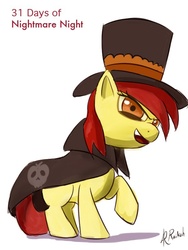 Size: 600x800 | Tagged: safe, artist:grissaecrim, apple bloom, earth pony, pony, g4, 31 days of nightmare night, cape, clothes, costume, hat, mac the ripper, nightmare night costume, raised hoof, solo, top hat