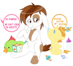 Size: 717x648 | Tagged: safe, artist:tntparty, pipsqueak, pumpkin cake, earth pony, pony, unicorn, g4, baby, baby pony, colt, diaper, foal, male, nom, offscreen character, simple background, transparent background