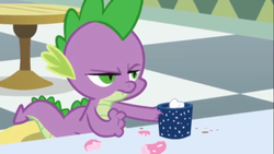 Size: 500x281 | Tagged: safe, screencap, spike, dragon, g4, season 1, the best night ever, baby, baby dragon, chocolate, cup, fangs, food, frown, green eyes, hot chocolate, male, marshmallow, purple scales, purple skin, slit pupils, solo, spike is not amused, unamused
