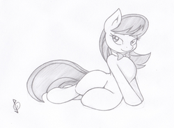 Size: 774x569 | Tagged: safe, artist:joey darkmeat, octavia melody, earth pony, pony, g4, draw me like one of your french girls, female, grayscale, mare, monochrome, on side, simple background, solo, traditional art, white background