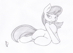 Size: 774x569 | Tagged: safe, artist:joey darkmeat, octavia melody, earth pony, pony, g4, draw me like one of your french girls, female, grayscale, mare, monochrome, on side, side-sitting, simple background, solo, traditional art, white background