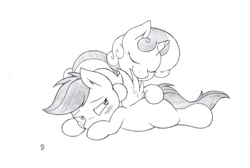 Size: 1020x684 | Tagged: safe, artist:joey darkmeat, scootaloo, sweetie belle, pegasus, pony, unicorn, g4, blushing, duo, female, lesbian, monochrome, preening, ship:scootabelle, shipping