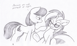 Size: 1174x699 | Tagged: safe, artist:joey darkmeat, dj pon-3, octavia melody, vinyl scratch, earth pony, pony, unicorn, g4, duo, female, lesbian, mare, monochrome, ship:scratchtavia, shipping, wub