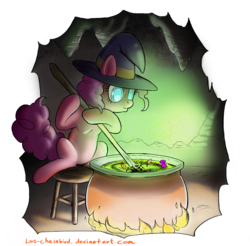 Size: 1995x1964 | Tagged: safe, artist:los-chainbird, pinkie pie, earth pony, pony, g4, candy, cauldron, female, fire, food, hat, mare, solo, witch hat