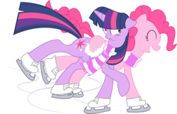 Size: 1905x1225 | Tagged: safe, artist:nun2artzy, pinkie pie, twilight sparkle, earth pony, pony, unicorn, g4, blush sticker, blushing, clothes, eyes closed, female, ice skating, lesbian, scarf, shared clothing, shared scarf, ship:twinkie, shipping, simple background, transparent background, unicorn twilight