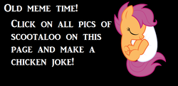 Size: 788x382 | Tagged: safe, scootaloo, pegasus, pony, g4, egg, exploitable meme, female, filly, old meme, scootachicken, solo, text