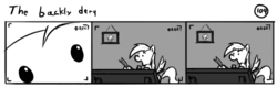 Size: 802x253 | Tagged: safe, artist:tetrapony, derpy hooves, pegasus, pony, comic:the daily derp, g4, comic, female, mare, monochrome, solo, the backly derq