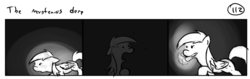 Size: 1280x404 | Tagged: safe, artist:tetrapony, derpy hooves, pegasus, pony, comic:the daily derp, g4, comic, female, mare, monochrome, solo, the mysterios derp