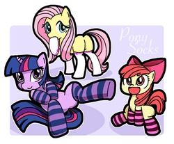 Size: 600x496 | Tagged: safe, artist:sukaponta, apple bloom, fluttershy, twilight sparkle, earth pony, pegasus, pony, unicorn, g4, adventure in the comments, butt, clothes, female, flutterbutt, pixiv, plot, socks, striped socks