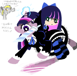 Size: 600x590 | Tagged: safe, artist:sukaponta, derpy hooves, twilight sparkle, angel, pegasus, pony, unicorn, g4, anarchy stocking, female, japanese, mare, panty and stocking with garterbelt, stockinglight, sword