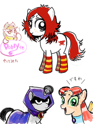 Size: 600x800 | Tagged: safe, artist:sukaponta, applejack, g4, japanese, ponified, raven (dc comics), ruby gloom, starfire, teen titans