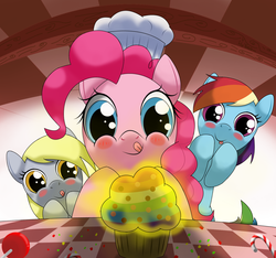 Size: 1280x1200 | Tagged: safe, artist:hoyeechun, derpy hooves, pinkie pie, rainbow dash, pegasus, pony, g4, apple, blushing, candy, female, food, mare, muffin, zap apple, zap apple muffin