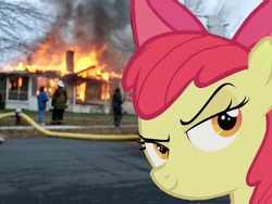Size: 500x375 | Tagged: safe, apple bloom, human, pony, g4, disaster girl, evil, fire, irl, meme, photo, ponies in real life, vector