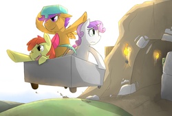 Size: 2000x1350 | Tagged: safe, artist:stupidyou3, apple bloom, scootaloo, sweetie belle, g4, creeper, crossover, cutie mark crusaders, minecart, minecraft, parody, pickaxe