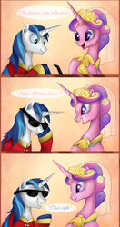 Size: 708x1343 | Tagged: safe, artist:mn27, princess cadance, shining armor, alicorn, pony, unicorn, g4, clothes, comic, dress, female, male, mare, smiling, stallion, sunglasses, that's right, wedding dress