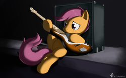 Size: 3691x2287 | Tagged: safe, artist:tetrapony, scootaloo, pegasus, pony, g4, amplifier, bad guitar anatomy, bass guitar, female, guitar, high res, musical instrument, rock (music), scootabass, solo