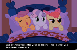 Size: 1024x672 | Tagged: safe, edit, edited screencap, screencap, apple bloom, scootaloo, sweetie belle, pony, unicorn, g4, bed, bronybait, caption, cs captions, cutie mark crusaders, female, filly, meme, pillow, what do, yawn