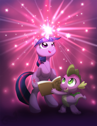 Size: 695x900 | Tagged: safe, artist:aylastardragon, spike, twilight sparkle, g4, book, magic