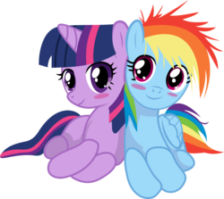 Size: 5613x5000 | Tagged: safe, artist:johnjoseco, artist:uxyd, rainbow dash, twilight sparkle, pegasus, pony, unicorn, g4, absurd resolution, blushing, duo, female, filly, lesbian, ship:twidash, shipping, simple background, transparent background, vector