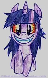 Size: 867x1407 | Tagged: safe, artist:marthisaur, twilight sparkle, g4, fangs, grin, insanity, messy mane, traditional art, twilight snapple