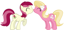 Size: 6442x3000 | Tagged: safe, artist:petraea, lily, lily valley, roseluck, earth pony, pony, g4, absurd resolution, eyes closed, flower, flower in hair, lily (flower), nuzzling, raised hoof, scrunchy face, show accurate, simple background, smiling, transparent background, vector