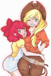 Size: 600x885 | Tagged: safe, artist:hana7, apple bloom, applejack, human, g4, applejack's hat, blushing, bow, clothes, cowboy hat, female, hair bow, hand on hip, hat, humanized, looking at you, one eye closed, open mouth, pants, shirt, simple background, sisters, smiling, white background