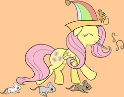 Size: 1287x1011 | Tagged: safe, artist:erthilo, fluttershy, mouse, g4, flute, hat, musical instrument, smiling