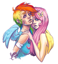 Size: 2038x2272 | Tagged: safe, artist:captain-poppy, fluttershy, rainbow dash, human, g4, female, high res, humanized, lesbian, ship:flutterdash, shipping, winged humanization