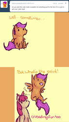 Size: 633x1111 | Tagged: safe, artist:feathersandink, apple bloom, scootaloo, g4, ask, comic, that scootaloo, tumblr